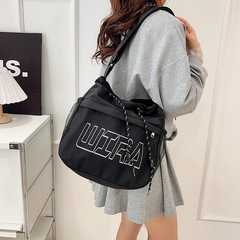 Borsa a Tracolla Donna Grande Capacità Tela Mesh Patchwork Borsa a Spalla Con Stampa Lettere Coulisse Tote Bag