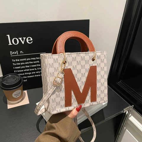 Damen Retro Monogramm M Buchstabe Druck Handtasche PU Leder Top Handle Crossbody Satchel Tasche Mit Abnehmbarem Gurt Mode Schultertasche