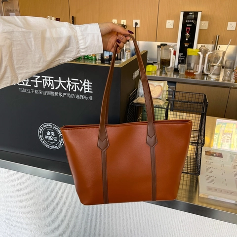 Large Capacity Women PU Leather Tote Bag Vintage Minimalist Solid Color Shoulder Bag For Daily Commute Work Fashion Handbag