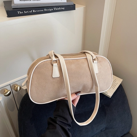 Borsa a Spalla Retrò in Pelle Scamosciata da Donna Borsa Sottobraccio Minimalista Coreana Con Finiture a Contrasto Chiusura a Cerniera