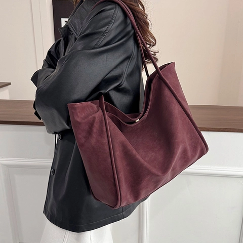 Vintage PU Leather Tote Bag Large Capacity Minimalist Women Shoulder Bag Solid Color Fashion Handbag For Daily Commuting