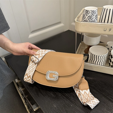 Borsa A Tracolla Sella Donna Pelle PU Grana Litchi Strass Fibbia G Metallo Tracolla Larga Geometrica Retrò Moda
