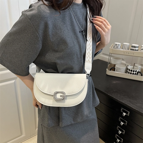Borsa A Tracolla Sella Donna Pelle PU Grana Litchi Strass Fibbia G Metallo Tracolla Larga Geometrica Retrò Moda