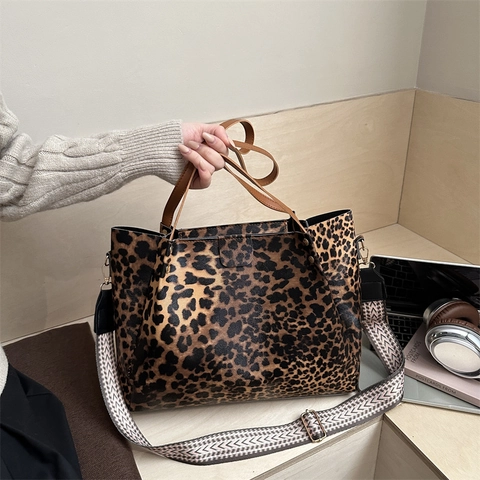 Leopard Print PU Leather Tote Bag Large Capacity Handbag Detachable Wide Woven Strap Crossbody For Women