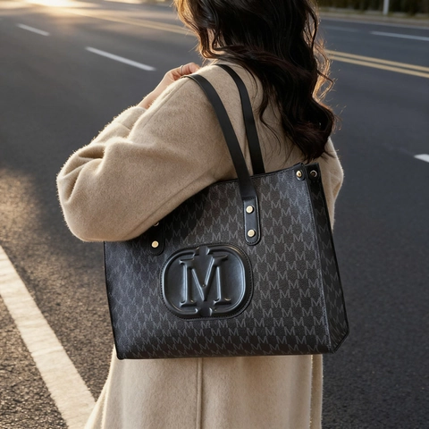 Women Tote Bag PU Leather Monogram M Pattern Large Capacity Daily Shoulder Handbag Fashion Casual Shoulder Straps