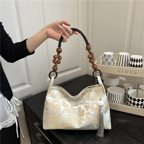 Nouveau Style Chinois Jacquard Brodée Sac à Bandoulière Vintage Motif Paysage Sac sous le Bras Avec Poignée en Perles de Bois et Frange Femme