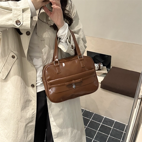 Britische Retro PU-Leder Handheld Bowlingtasche Für Damen Mode Schleife Herz Achseltasche Große Kapazität Schultertasche