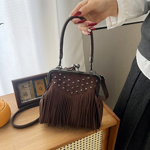 Borsa a Tracolla Vintage con Frange da Donna in Similcamoscio PU Chiusura a Scatto Borsa a Mano con Rivetti Bohemian Nappine
