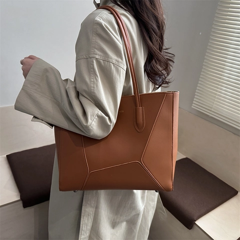 Trendy Large Capacity PU Leather Tote Bag For Women Vintage Geometric Patchwork Single Shoulder Bag Commuting Casual Top Handle Handbag