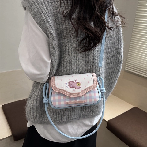 Süße Cartoon Bestickte Umhängetasche Für Damen Mädchen PU Leder Polka Dot Karomuster Quadratische Schultertasche Bogen Dekor Messenger Bag