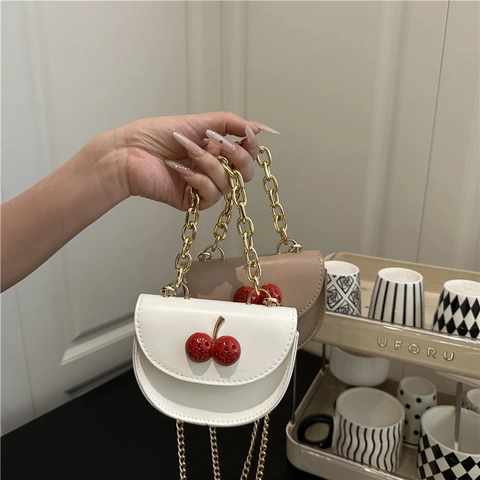 Women Mini Crossbody Bag PU Leather Cherry Rhinestone Decoration Gold Metal Chain Shoulder Strap Saddle Handbag