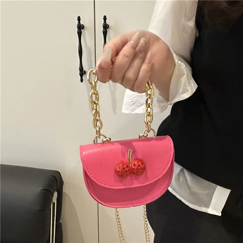 Women Mini Crossbody Bag PU Leather Cherry Rhinestone Decoration Gold Metal Chain Shoulder Strap Saddle Handbag