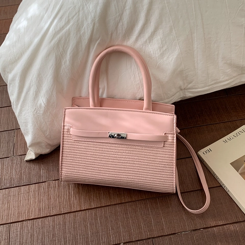 Borsa A Mano Tracolla Retrò Minimalista Donna Pelle PU E Paglia Intrecciata Patchwork Fibbia In Metallo Manico Tracolla Regolabile
