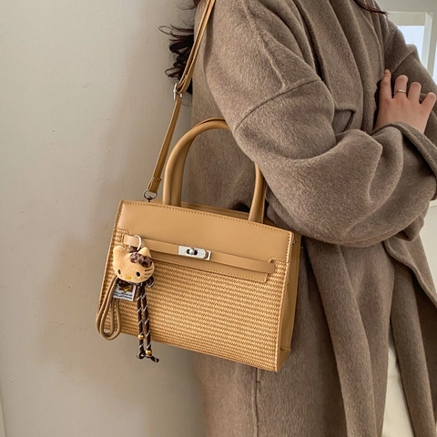 Borsa A Mano Tracolla Retrò Minimalista Donna Pelle PU E Paglia Intrecciata Patchwork Fibbia In Metallo Manico Tracolla Regolabile
