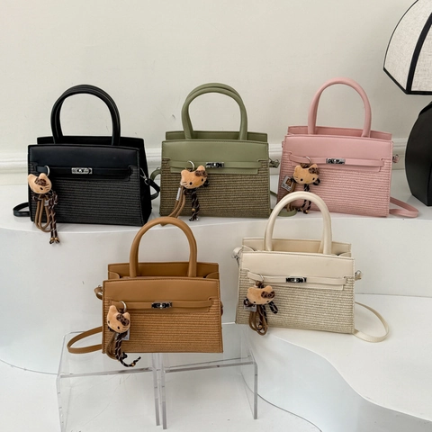 Damen Patchwork Gewebte PU Leder Handtasche Vintage Kelly Stil Umhängetasche Mit Metallverschluss Crossbody Tasche Alltag