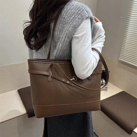 Bolso Tote De Gran Capacidad Cuero PU Patrón Lichi Color En Contraste Minimalista Bolso De Hombro Para Mujer Moda