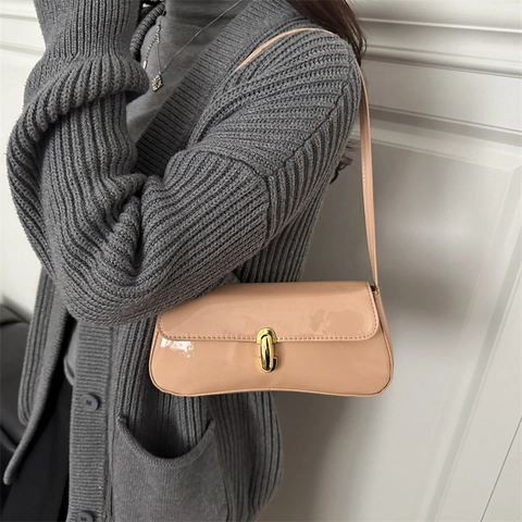 French Glossy PU Underarm Bag For Women Vintage Shoulder Bag Solid Color Metal Buckle Small Baguette Bag Everyday Handbag