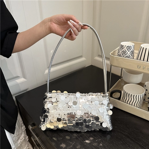 Women's Fashion Sequin Shoulder Bag Glitter PU Leather Underarm Bag Trendy Party Evening Handbag Sparkly Clutch Tote