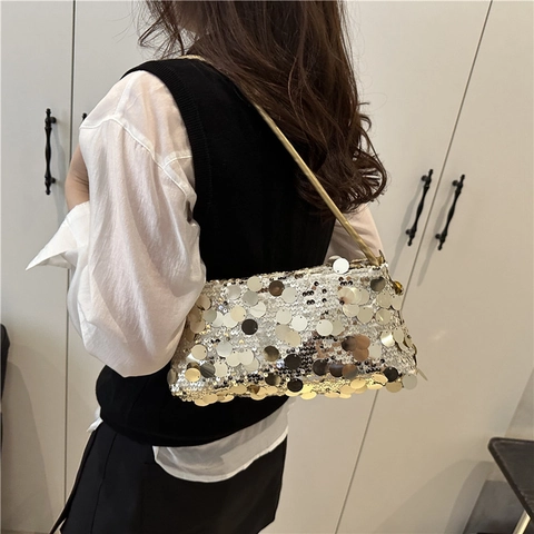 Women's Fashion Sequin Shoulder Bag Glitter PU Leather Underarm Bag Trendy Party Evening Handbag Sparkly Clutch Tote