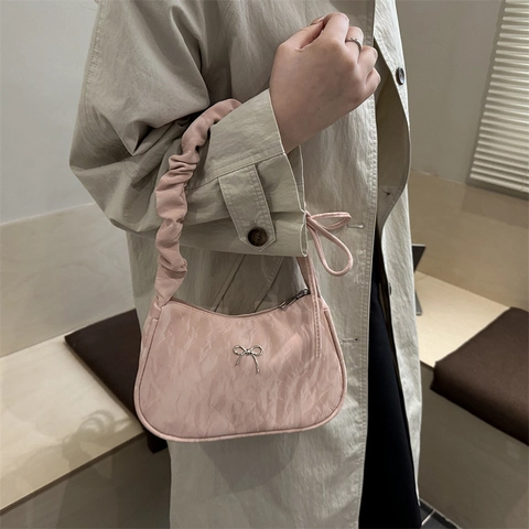 Vintage Women Pleated Baguette Shoulder Bag Ruched Strap Bow Decor Underarm Bag Synthetic Leather Fashion Daily Handbag