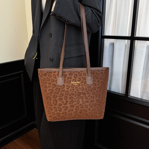 Sac Cabas Imprimé Léopard Femmes Grande Capacité Cuir PU Texture Daim Sac À Épaule Mode Rétro Inscription New York