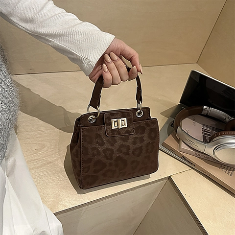 Leopard Print Shoulder Bag Suede Texture Gold Turn Lock Handbag With Top Handle Vintage Crossbody Bag For Women