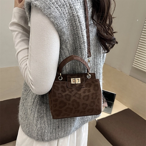 Vintage Leopardenmuster Wildleder Umhängetasche Für Damen Mode Kleine Quadratische Schultertasche Mit Metallschloss Griff Täglich Handtasche