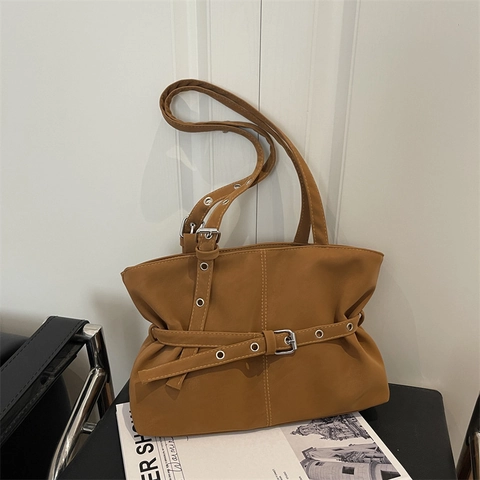 Vintage PU Leder Große Kapazität Tote Bag Für Damen Retro Minimalistische Umhängetasche Mit Gürtelschnalle Und Metallösen Handtasche