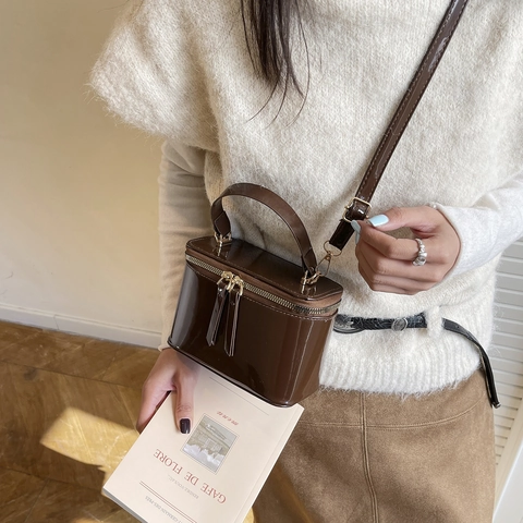Borsa a Scatola da Donna in Vernice Minimalista Retrò Con Cerniera Dorata Orecchini Lucida Tracolla Borsetta Quadrata Quotidiana
