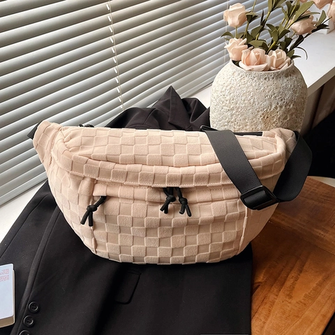 Marsupio a Tracolla da Donna in Nylon a Scacchiera Grande Capacità Trama Intrecciata 3D Borsa a Spalla Regolabile