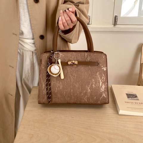 Vintage PU Leather Top Handle Bag For Women Vertical Texture Square Satchel With Metal Lock Retro Crossbody Handbag