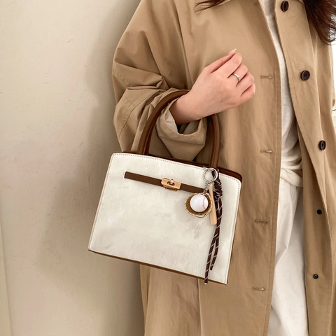 Vintage PU Leather Top Handle Bag For Women Vertical Texture Square Satchel With Metal Lock Retro Crossbody Handbag