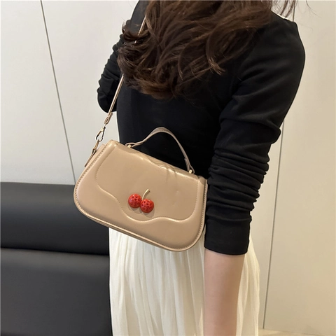 Women Small Square Bag PU Leather With Three Dimensional Cherry Decoration Sweet Stylish Handheld Shoulder Crossbody