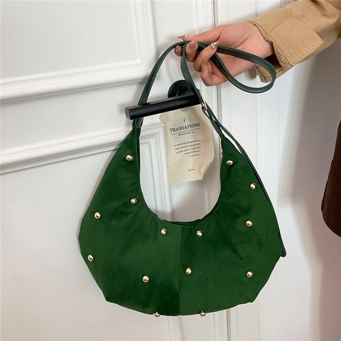 Bolso de Hombro de Media Luna Vintage para Mujer de Gamuza con Remaches Bolso Hobo de Gran Capacidad Bolso de Axila Retro Color Sólido