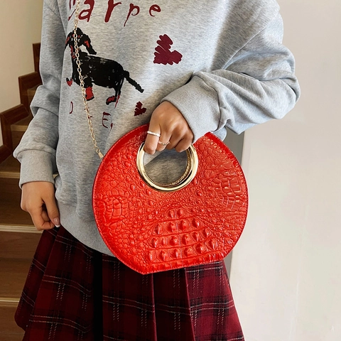 Sac Bandoulière Rond à la Mode Motif Crocodile en Cuir PU Avec Poignée en Anneau de Métal et Chaîne Dorée Pour Femme