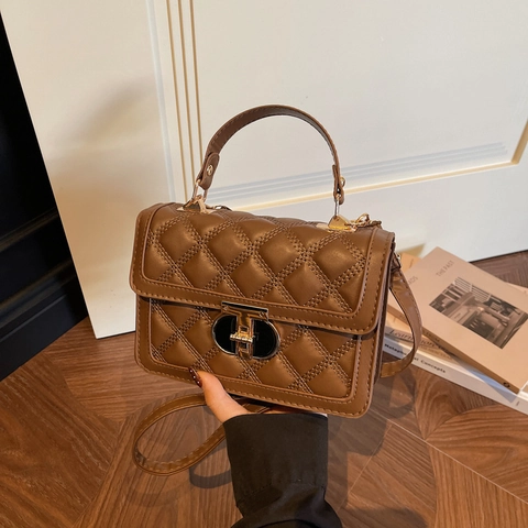 Fashion Quilted PU Leather Shoulder Bag For Women Stitched Rhombus Crossbody Handbag With Metal Lock Square Bag Purse