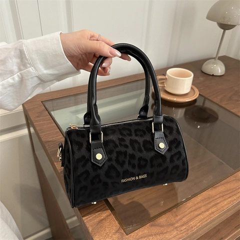 Bolso Boston Estampado Leopardo Mujeres Retro Cuero PU Bolso Mano Cilindro Con Correa Hombro Bolso Cruzado Tendencia