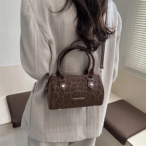 Bolso Boston Estampado Leopardo Mujeres Retro Cuero PU Bolso Mano Cilindro Con Correa Hombro Bolso Cruzado Tendencia