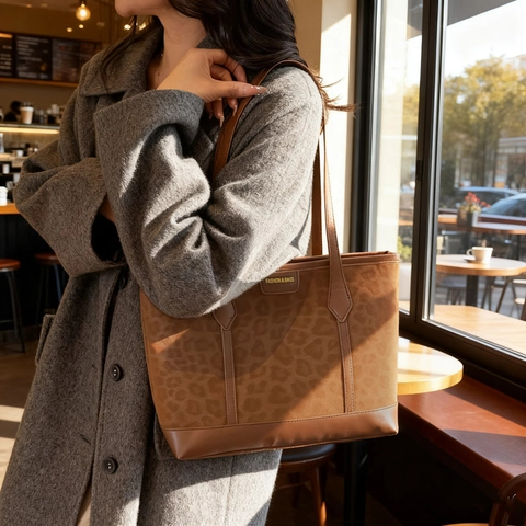 Vintage Leopard Print Tote Bag For Women Large Capacity Velvet Synthetic Leather Stitching Shoulder Bag Daily Commuting Handbag