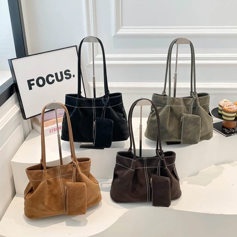 Vintage Matte PU Leder Tote Tasche Für Damen Große Kapazität Schultertasche Mit Kontrastnähten Und Kleiner Tasche Shopper