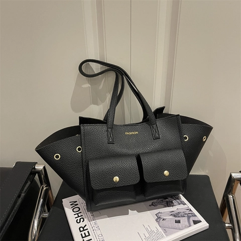 Borsa Tote da Donna Vintage Grande Capacità a Forma di Ala Pelle Sintetica Grana Litchi Borsa a Spalla con Tasche Frontali