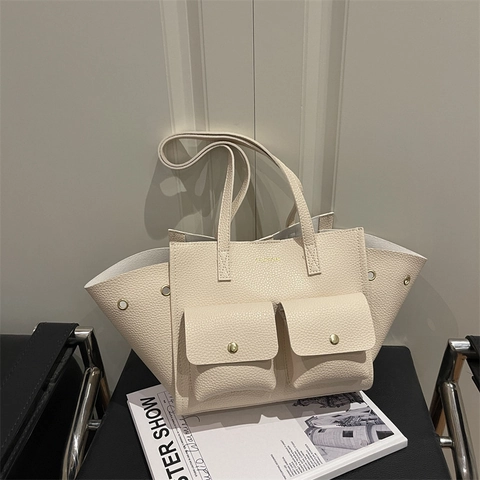 Women Large Capacity PU Leather Tote Bag Multi-Pocket Commuter Shoulder Bag Solid Color Lychee Texture Tote Handbag