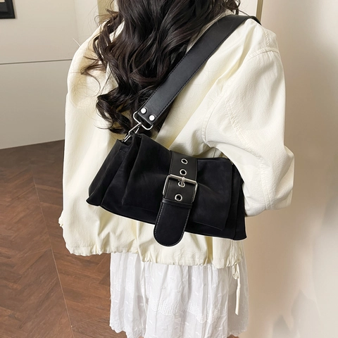 Retro Women Crossbody Shoulder Bag PU Suede Texture Wide Strap Metal Buckle Vintage Fashion Elegant