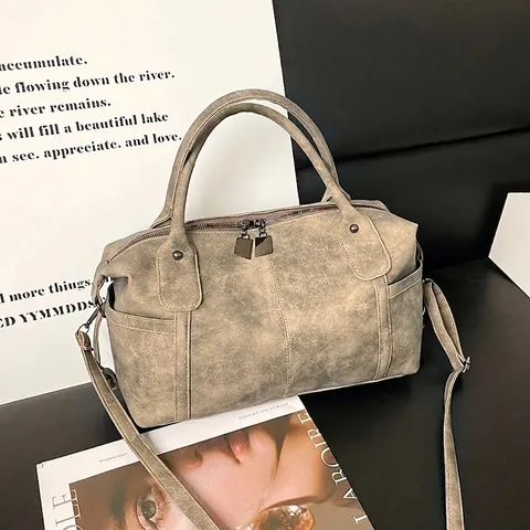 Borsa Boston Vintage in Pelle PU Smerigliata Donna Grande Capacità Tracolla Regolabile Borsa a Spalla Semplice Urbana