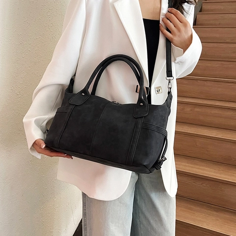 Borsa Boston Vintage in Pelle PU Smerigliata Donna Grande Capacità Tracolla Regolabile Borsa a Spalla Semplice Urbana