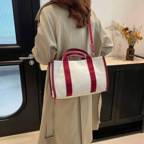 Women Casual Canvas Colorblock Tote Bag Large Capacity Shoulder Crossbody Handbag With Adjustable Strap For Daily Commute