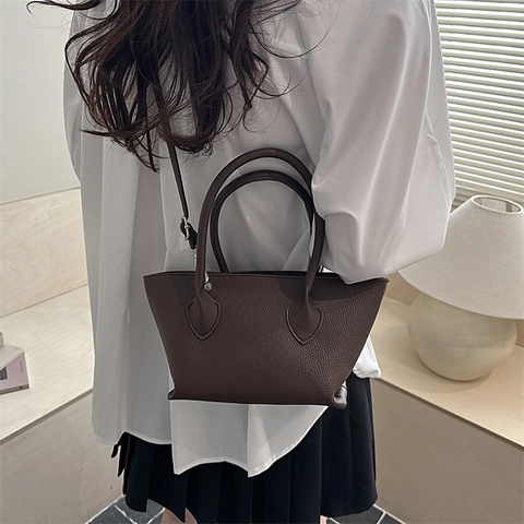 Women Lychee Pattern PU Leather Handbag Crossbody Bag Double Handle Adjustable Strap Minimalist Casual Versatile Tote