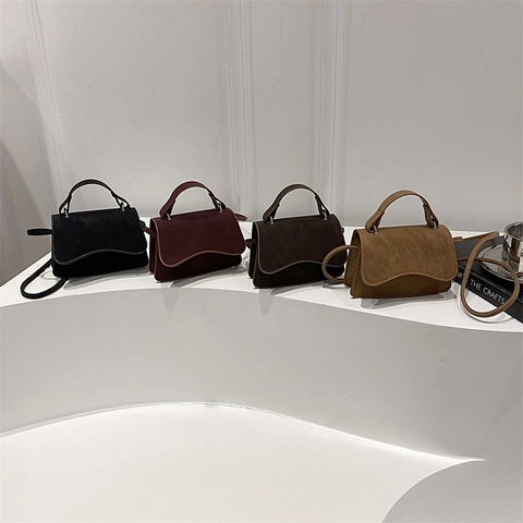 Vintage Solid Color PU Leather Mini Shoulder Bag For Women Wavy Edge Flap Crossbody Bag Fashion Top Handle Square Bag