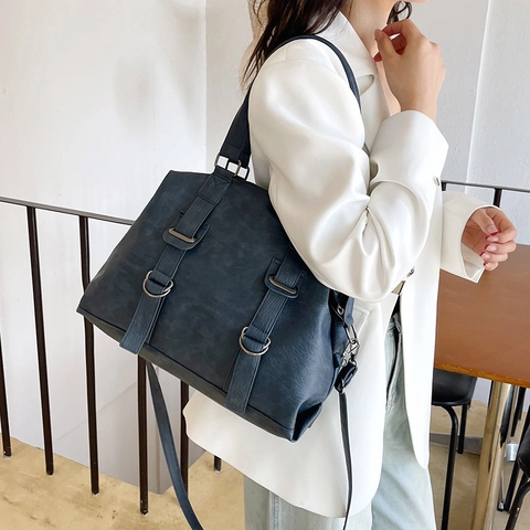 Bolso Tote de Cuero PU Vintage de Gran Capacidad para Mujer Bolso de Hombro de Color Sólido Con Decoración de Anillo de Metal Bolso de Mano Retro