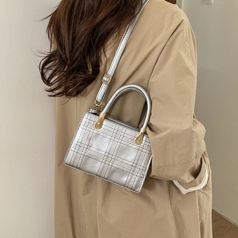 Bolso de Mano Retro de Cuero PU para Mujer Patrón de Cuadrícula Bolso Cuadrado Pequeño Minimalista Bolso de Hombro Versátil